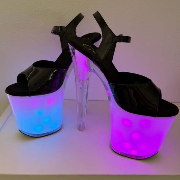 Pleaser Shoes - Pleaser Discolite-809 Black Patent / White 8-Inch Light Up Platform Heels
